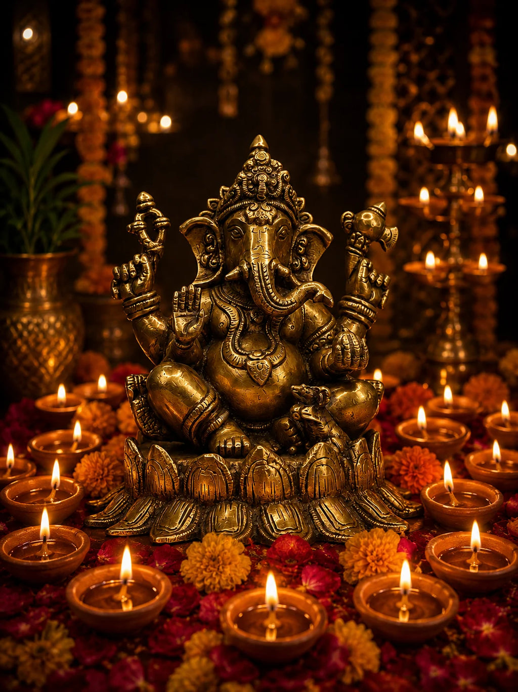 A golden brass Ganesha idol seated on a lotus base, surrounded by lit diya lamps, marigold flowers, and hanging garlands in a warm, festive setting.