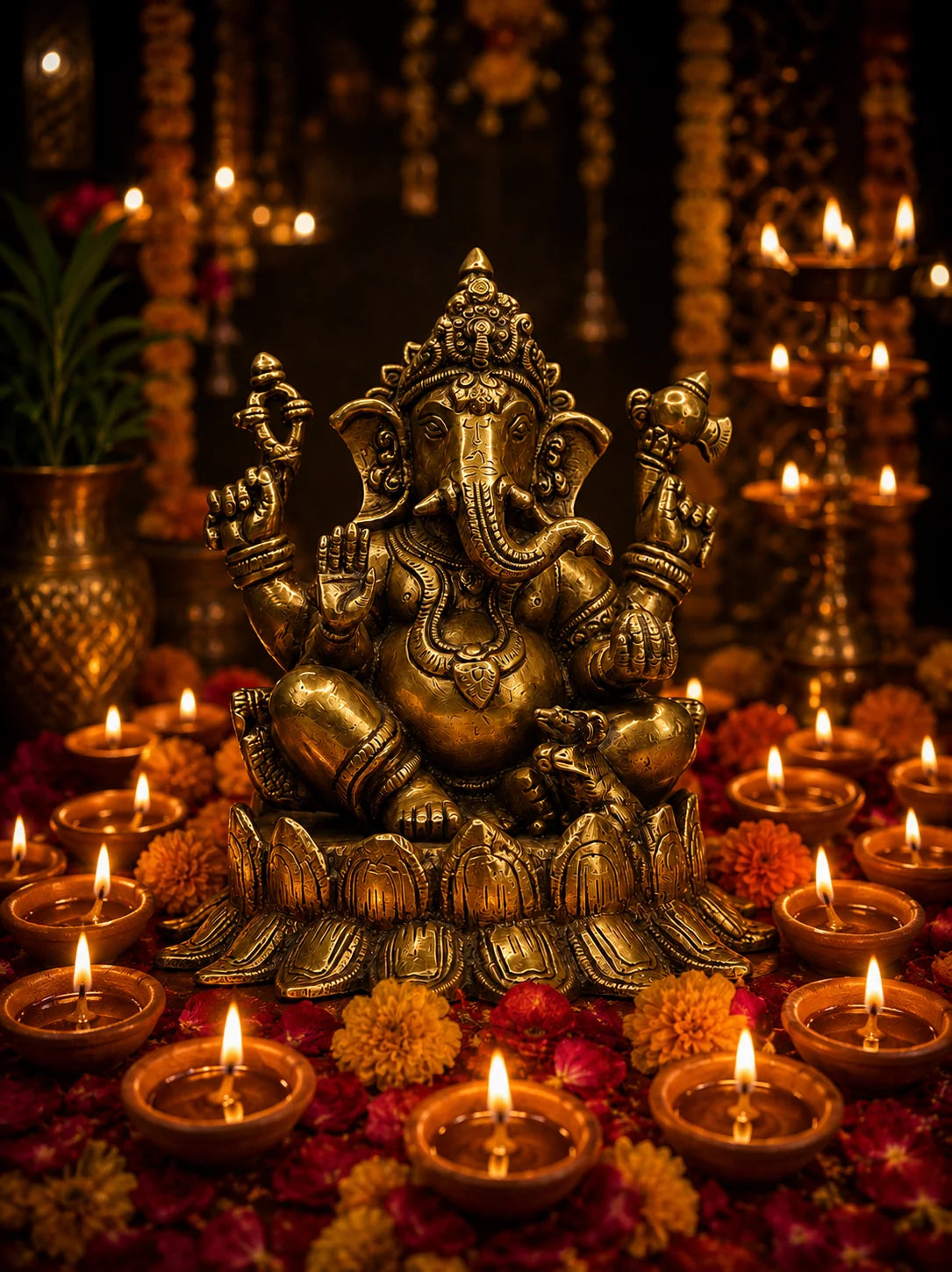 A golden brass Ganesha idol seated on a lotus base, surrounded by lit diya lamps, marigold flowers, and hanging garlands in a warm, festive setting.