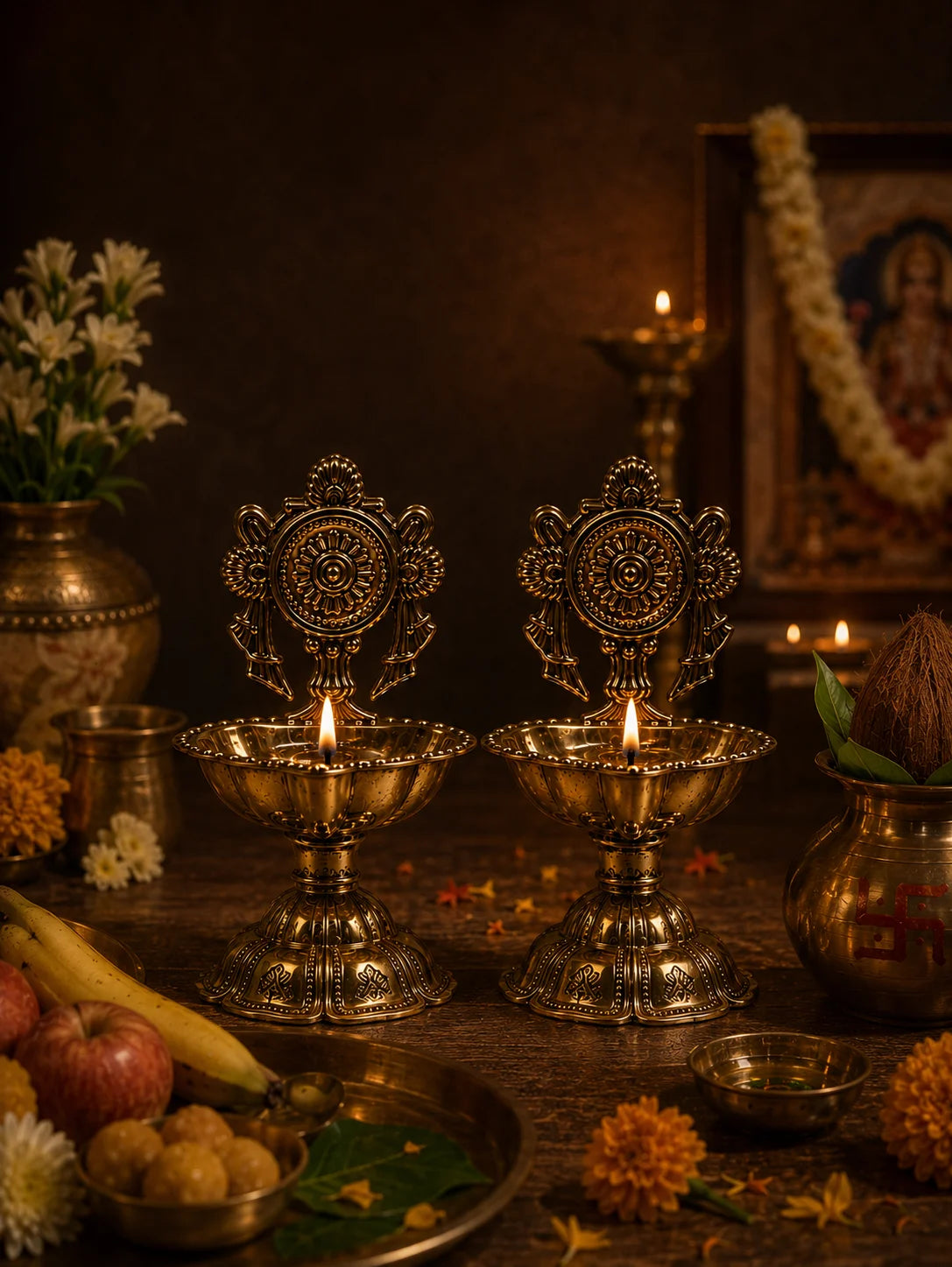 Standing Kamakshi diya pair staging