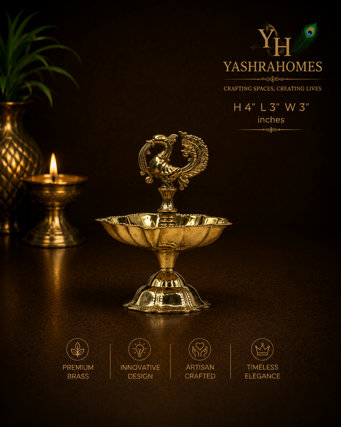 Peacock Brass Diya 4 Inches