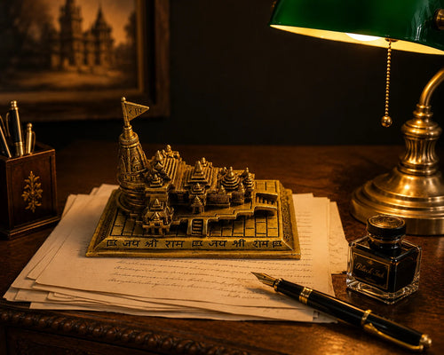 A decorative miniature brass or bronze Ram Mandir model displayed on a desk with papers, a green-shaded lamp, an ink bottle, and a black fountain pen in a warm, vintage-styled interior.