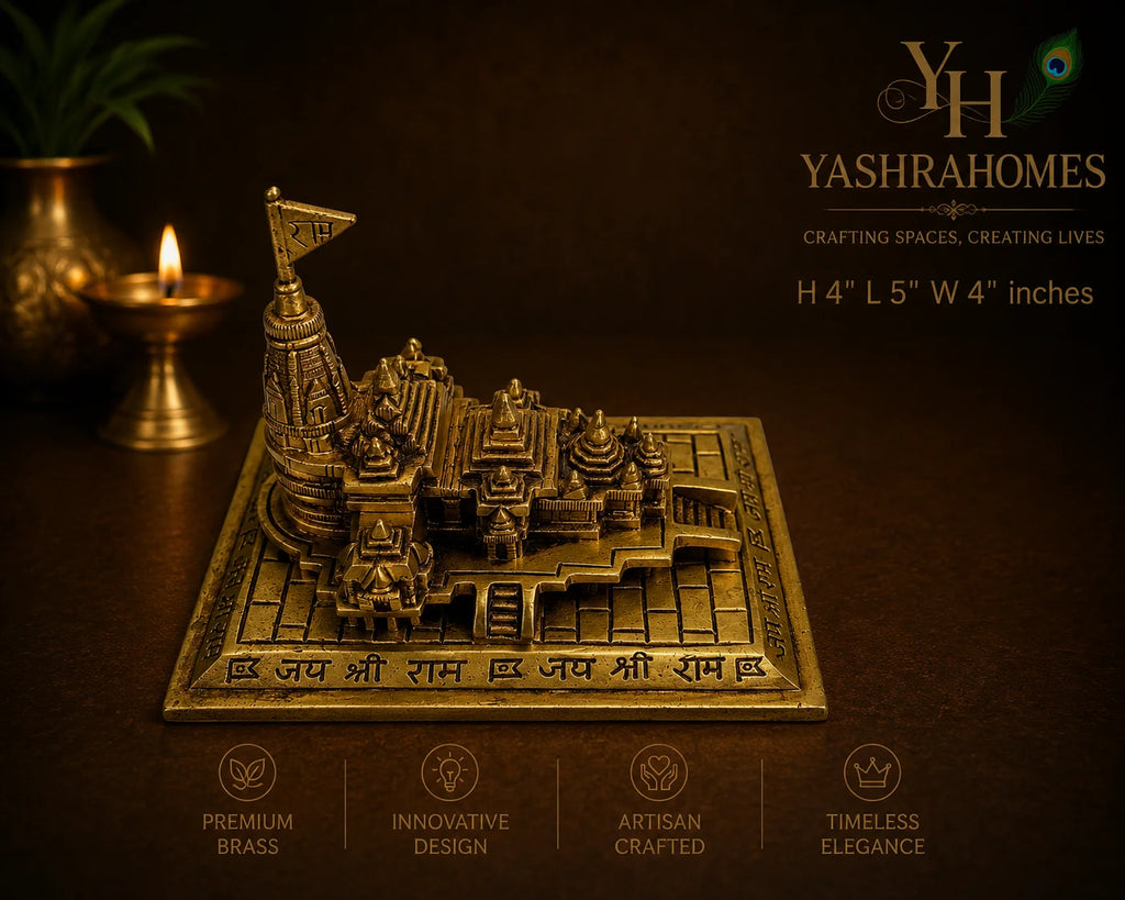 An ornate brass Ram mandir model displayed on a dark brown background, featuring a lit brass candle holder and a decorative peacock feather logo. The image includes text overlays detailing the product's dimensions and key selling points.