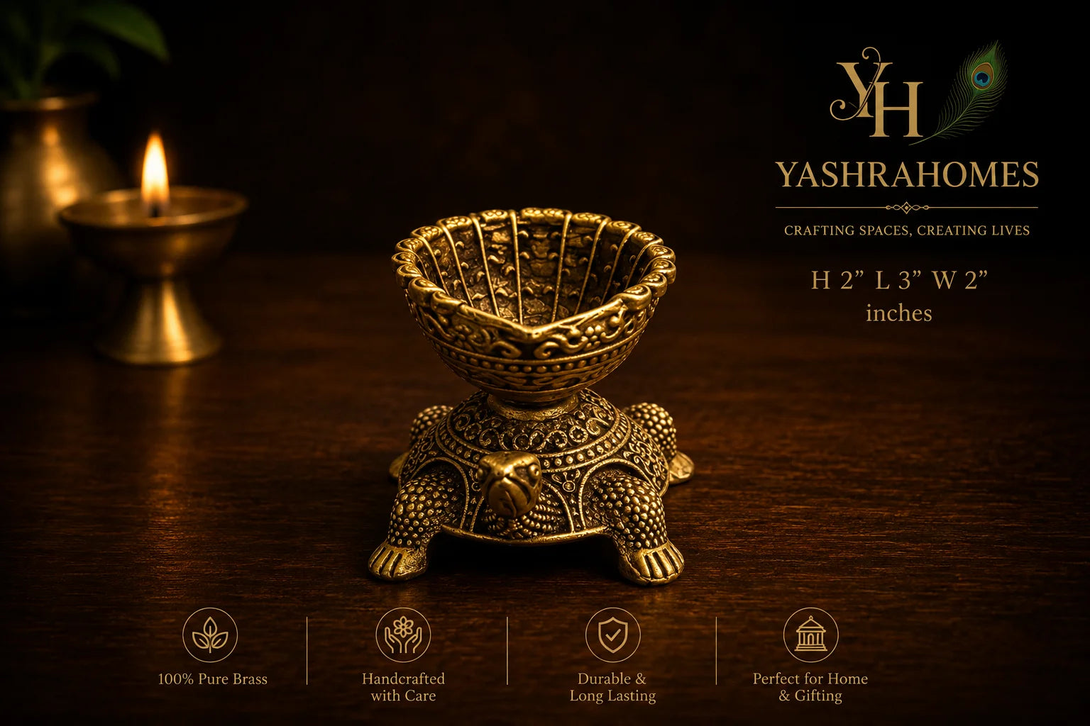 brass turtle diya intricate carving