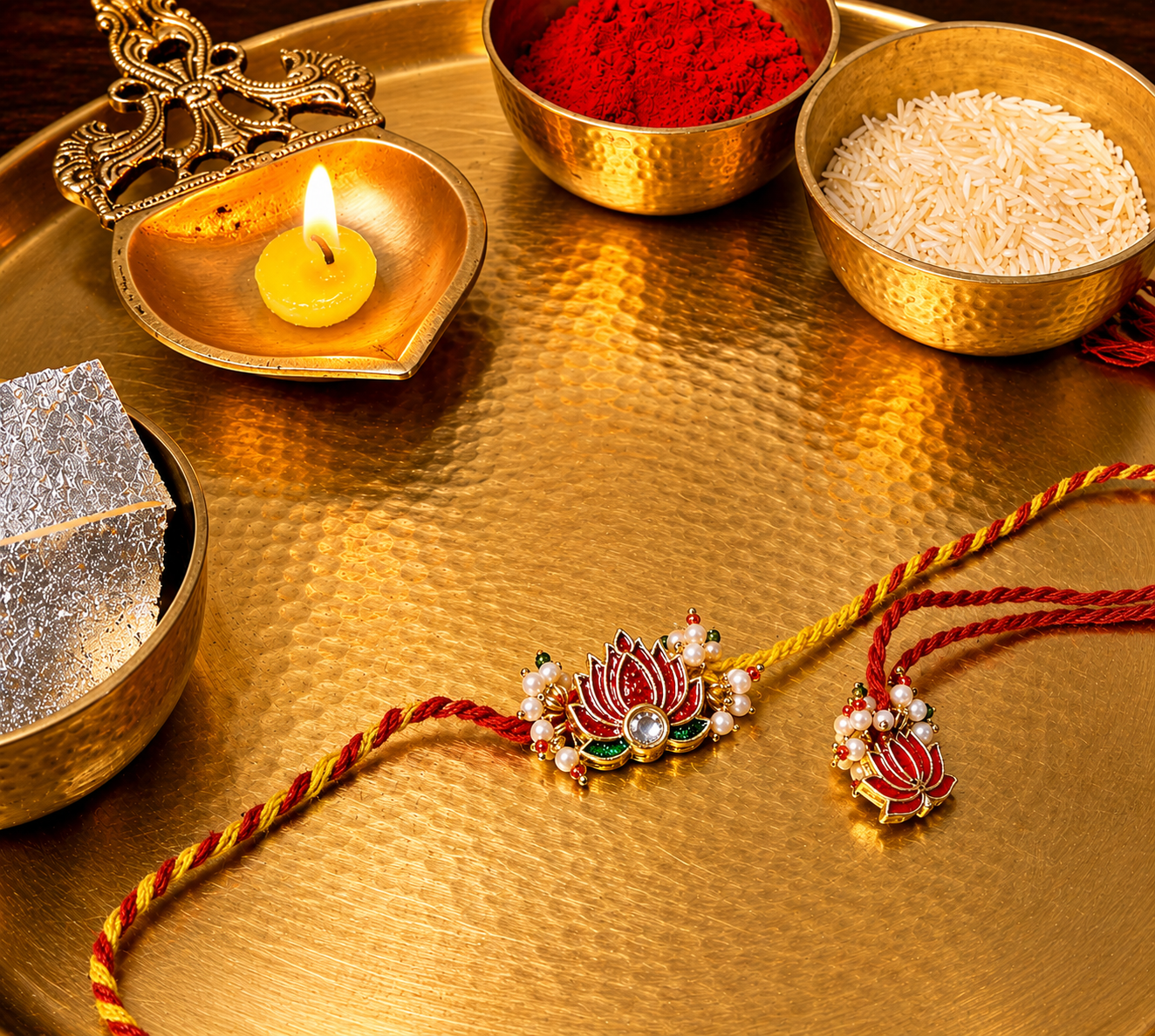 Premium Red Lotus Kundan Bhai Bhabhi Rakhi Set