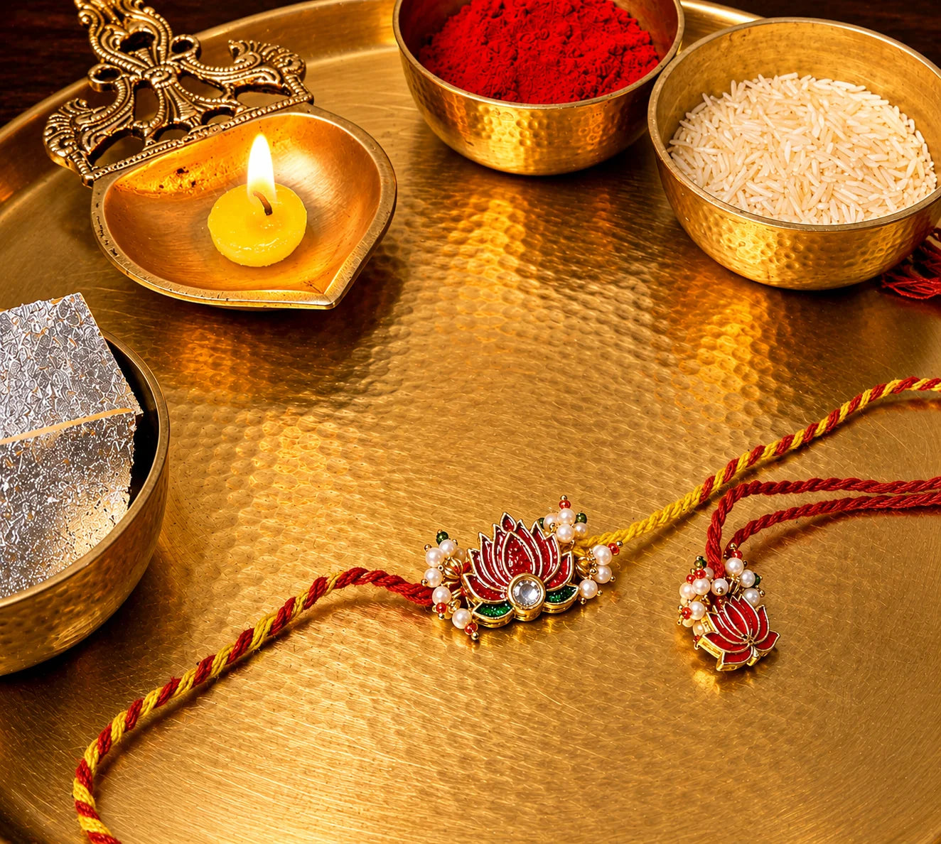 Two decorative Rakhi threads with lotus-shaped charms are arranged on a hammered gold tray, alongside a lit diya, bowls of red powder and white rice, and a silver coin.