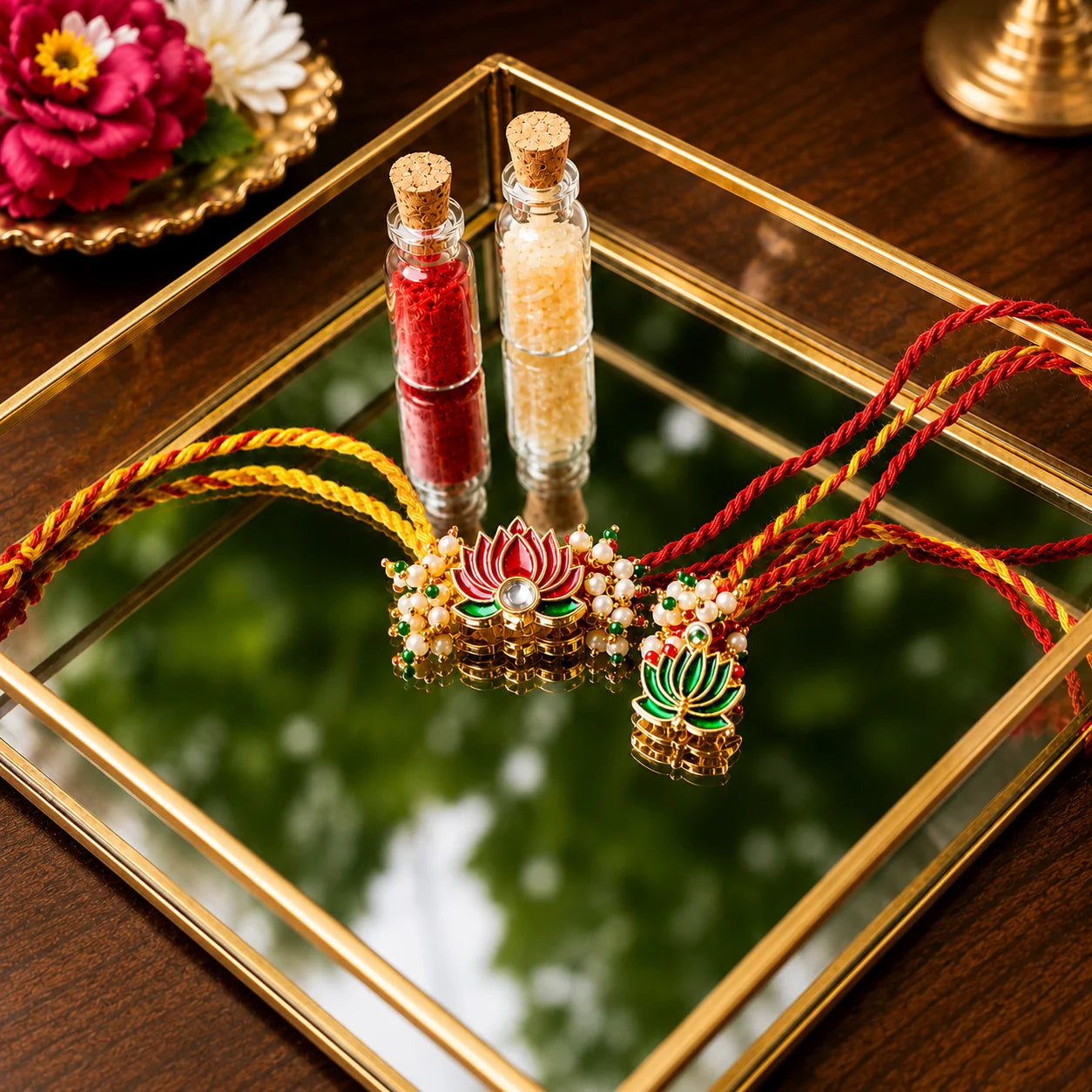Red and green kundan bhai bhabhi rakhi set