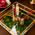 Premium Red & Green Lotus Kundan Bhai Bhabhi Rakhi Set
