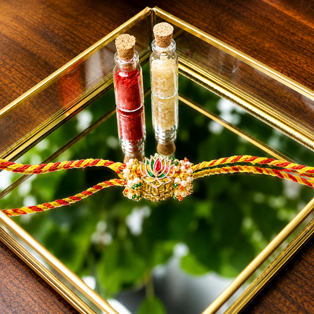 Traditional Lotus Design Kundan Rakhi for Brother