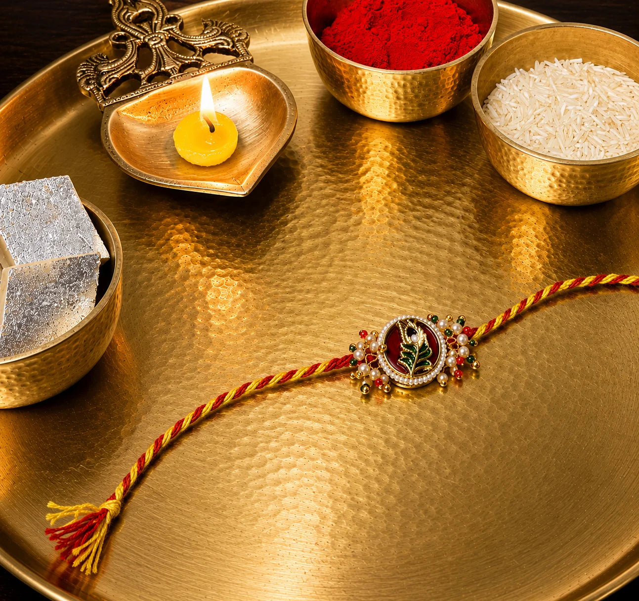 elegant pink mor pankh kundan rakhi