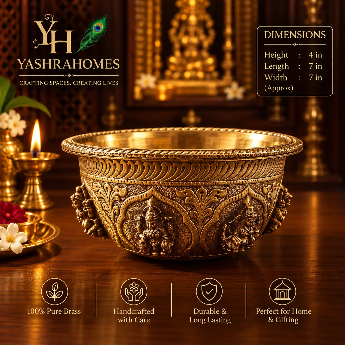Traditional Brass Ashta Lakshmi Urli – 7 Inch Diameter