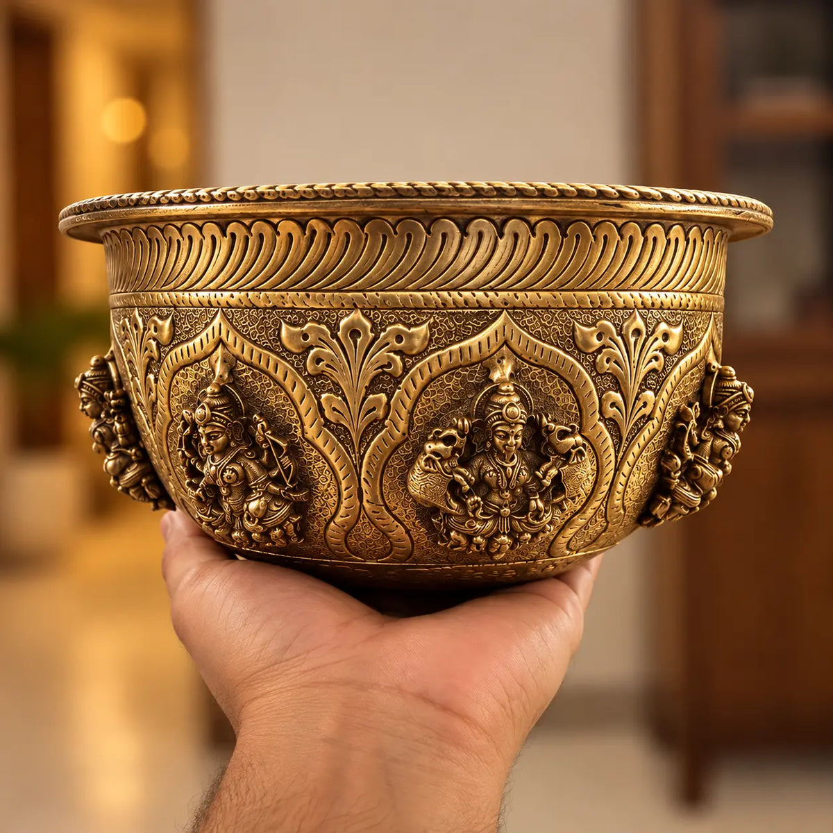 Traditional Brass Ashta Lakshmi Urli – 7 Inch Diameter