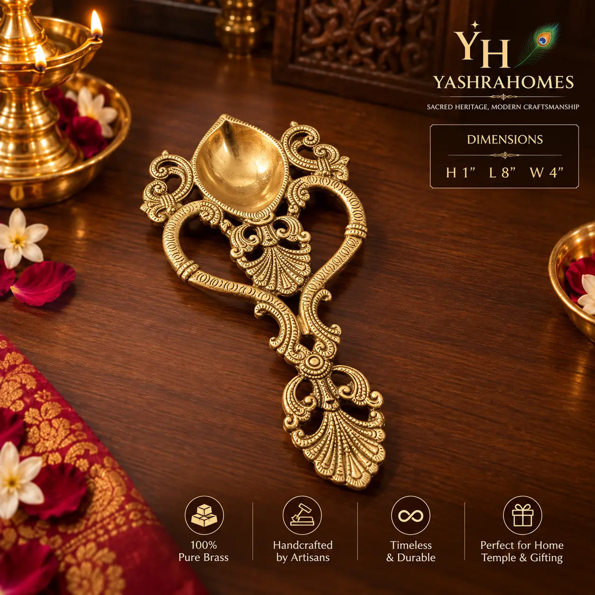 Ornate Brass Aarti Diya Spoon with Handle – 8 Inch(386 Gm)