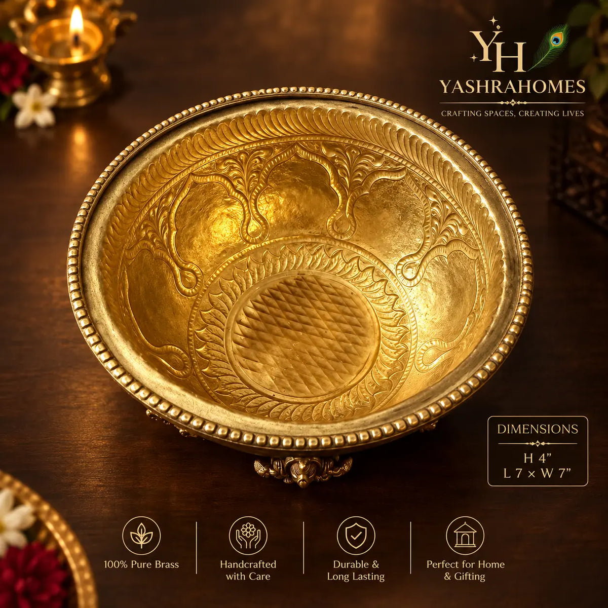 Traditional Brass Ashta Lakshmi Urli – 7 Inch Diameter