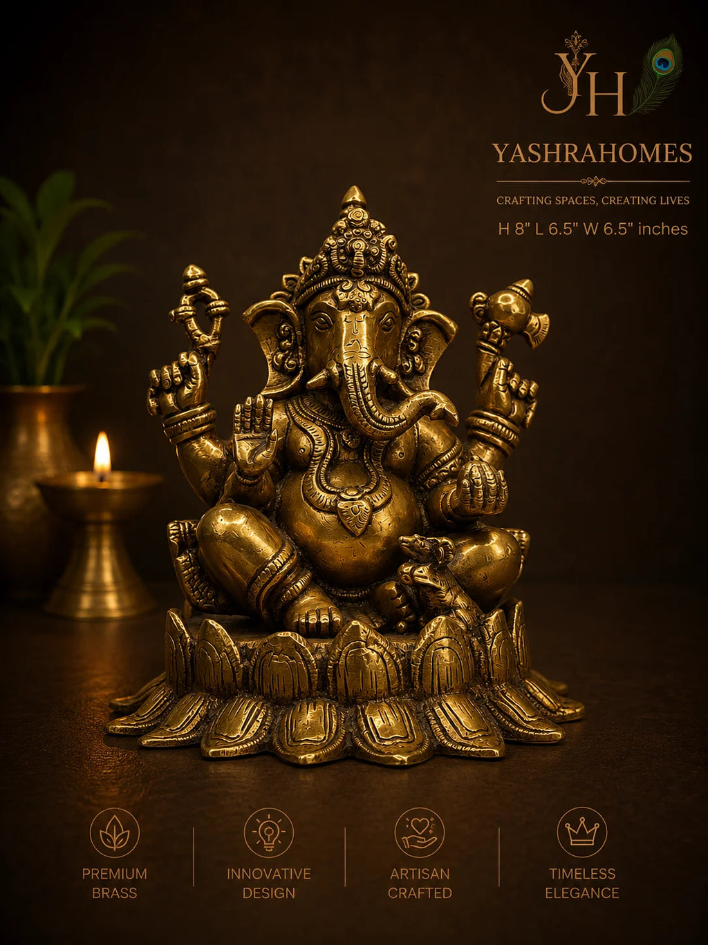 A brass Ganesha statue displayed on a dark brown background with a lit candle and a plant in the background. The image includes branding text for 'Yashrahomes' and feature icons for premium brass, innovative design, artisan crafted, and timeless elegance.