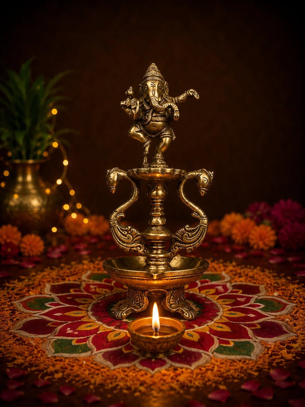 An ornate brass Ganesha idol on a decorative pedestal lamp stand, placed on a lit diya over a red and orange rangoli design, with marigold flowers and warm bokeh lights in the background.