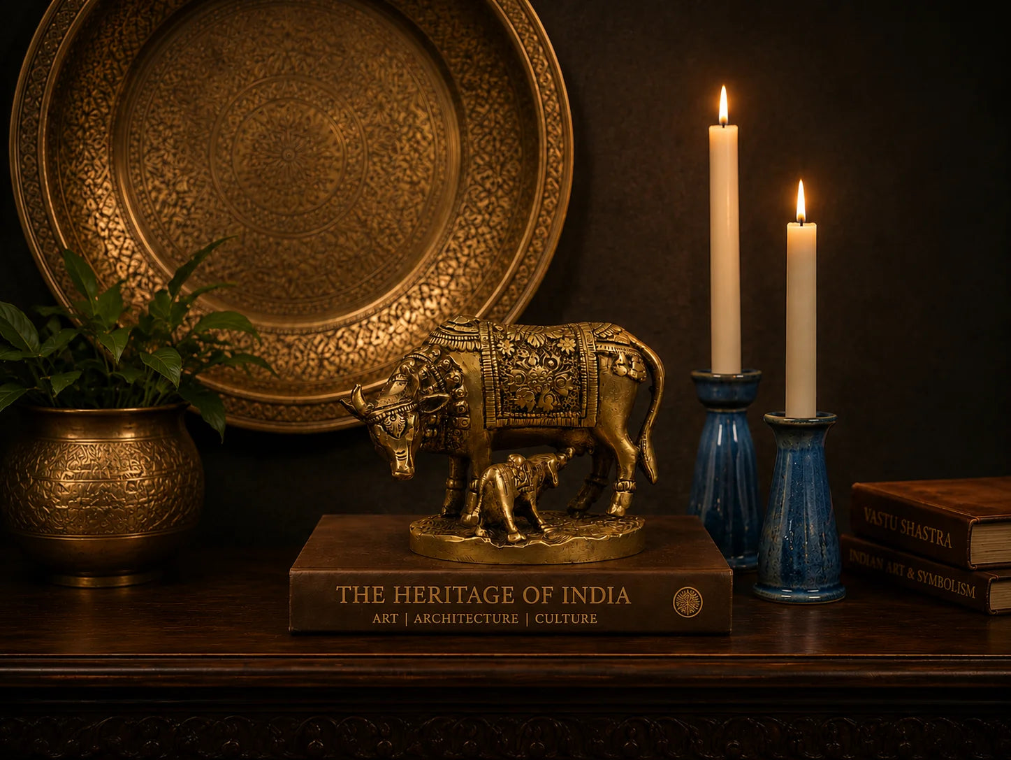 kamdhenu cow staging brass idol