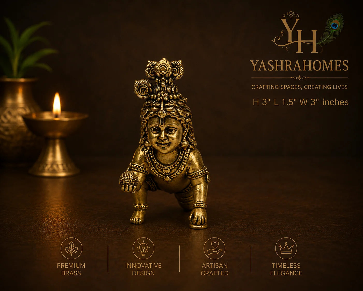 A brass baby figurine of Lord Krishna in a crawling pose, displayed on a dark brown surface with a lit diya and a potted plant in the background. The image features branding for 'Yashrahomes' and feature icons for premium brass, innovative design, artisan craftsmanship, and timeless elegance.