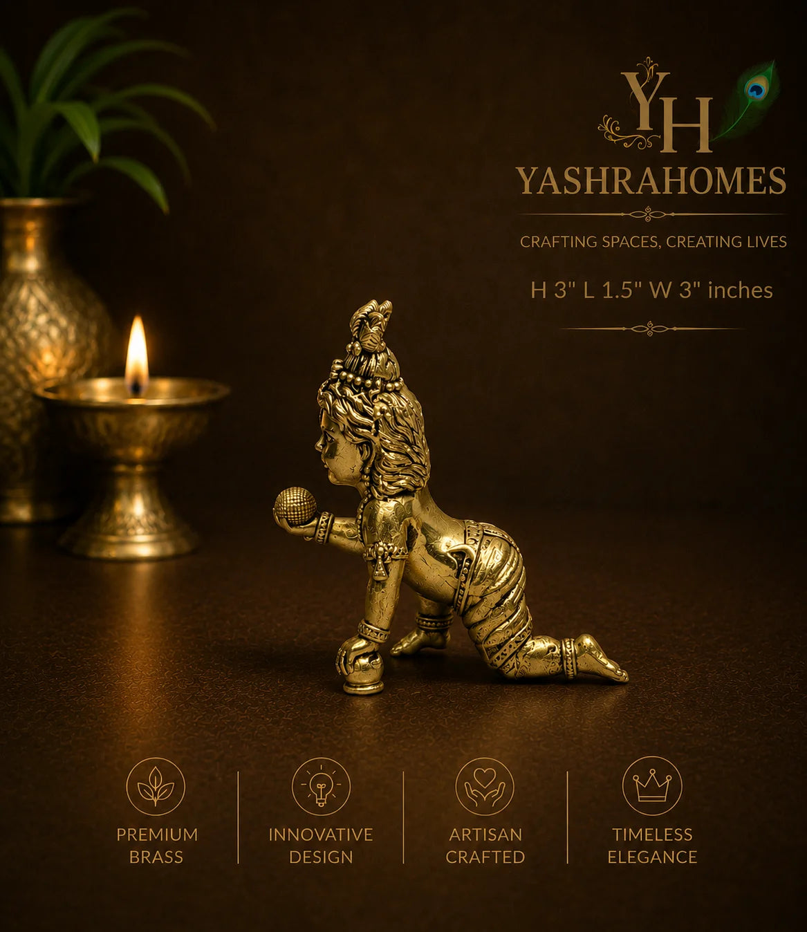 A brass Lord Krishna figurine in a kneeling pose, displayed on a dark brown surface with a lit diya and a gold-toned vase in the background. The image features branding for 'Yashra Homes' and feature icons for premium brass, innovative design, artisan crafted, and timeless elegance.