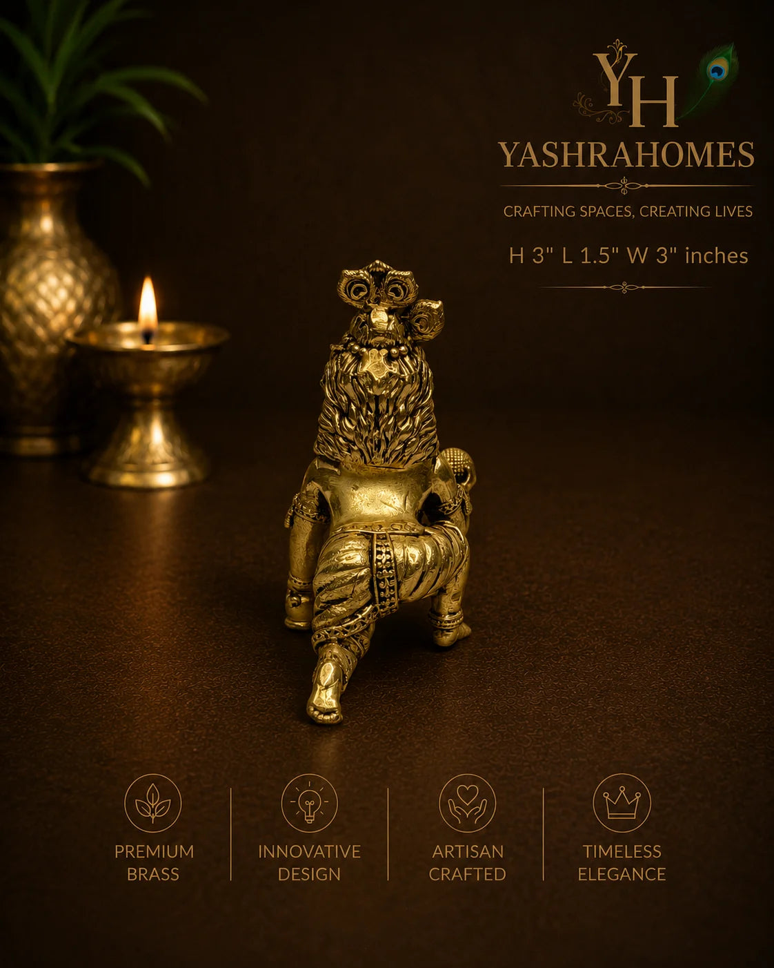 A brass lion figurine with a human figure draped over its shoulders, shown on a dark brown background with decorative props including a lit diya and a vase. Brand text 'Yashrahomes' and product features are displayed on the image.