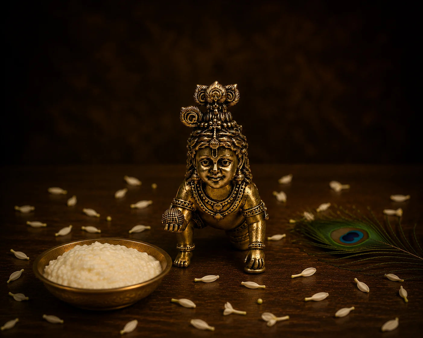A small metallic brass Lord Krishna figurine kneeling on a dark wooden surface, flanked by a bowl of white rice and a peacock feather, with scattered rice grains around it.
