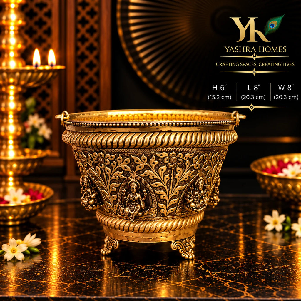 Ashta Laxmi Brass Flower Basket – 8 Inch Diameter