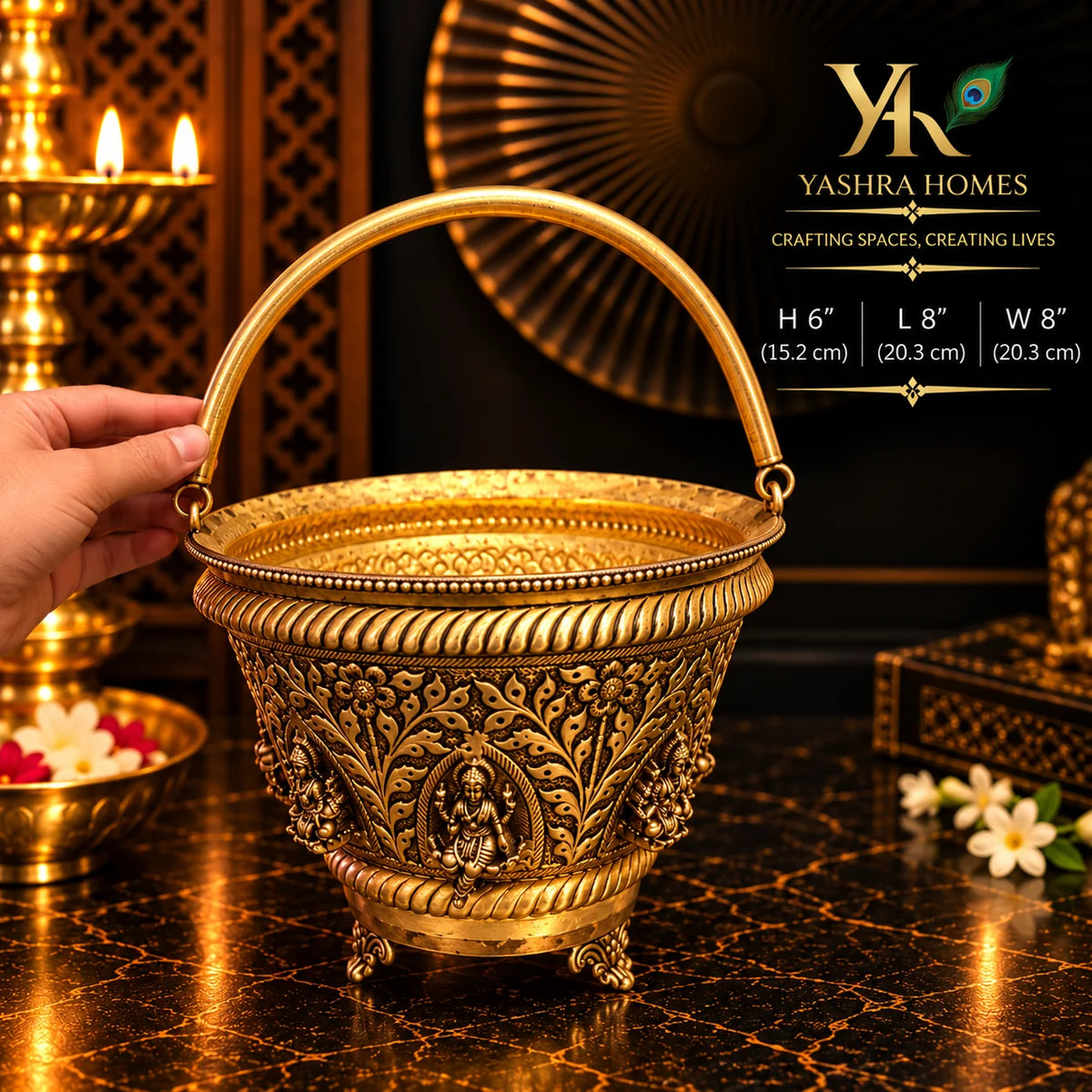 Ashta Laxmi Brass Flower Basket – 8 Inch Diameter