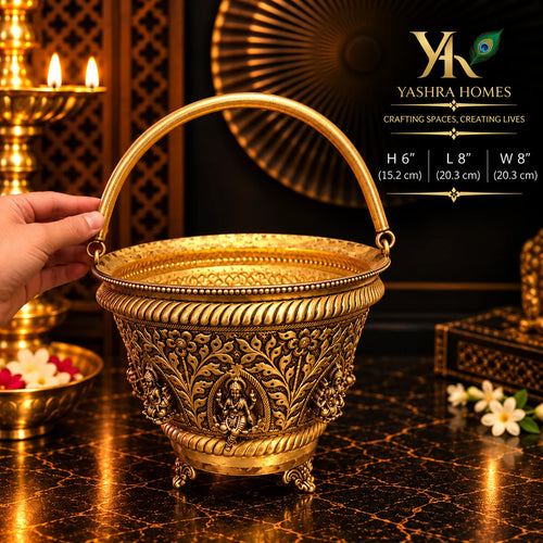 Ashta Laxmi Brass Flower Basket – 8 Inch Diameter
