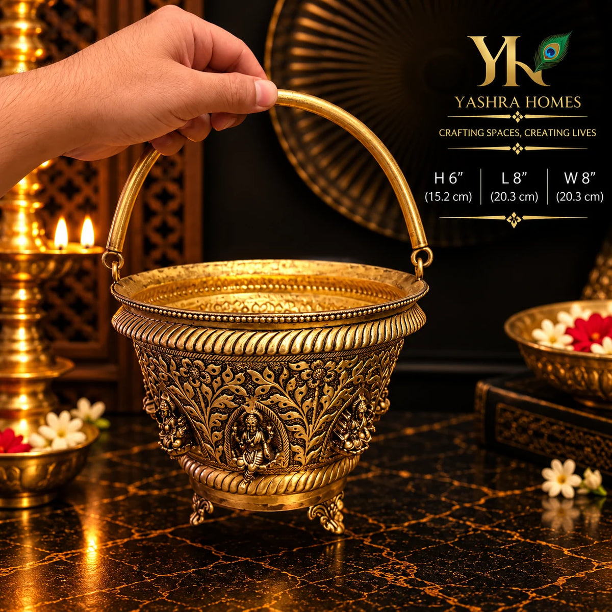 Ashta Laxmi Brass Flower Basket – 8 Inch Diameter