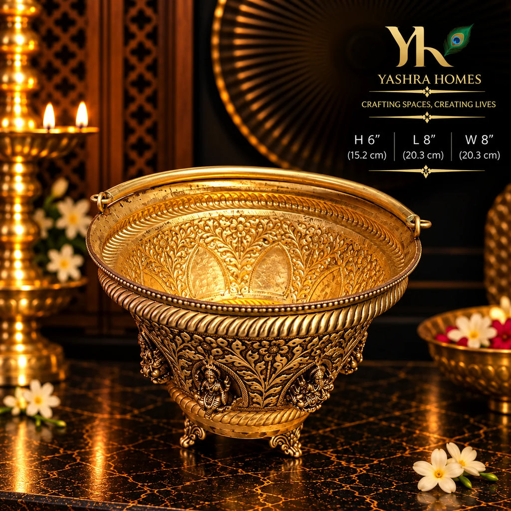 Ashta Laxmi Brass Flower Basket – 8 Inch Diameter