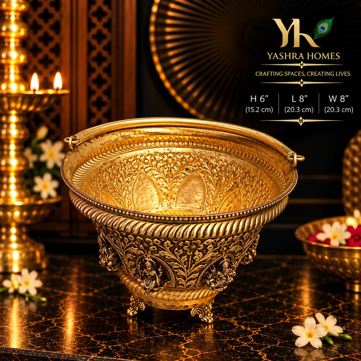 Ashta Laxmi Brass Flower Basket – 8 Inch Diameter