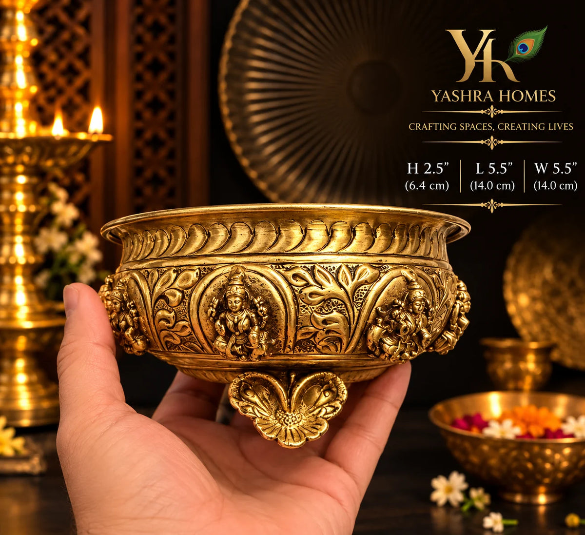 Traditional Brass Ashta Lakshmi Urli –5.5 Inch Diameter