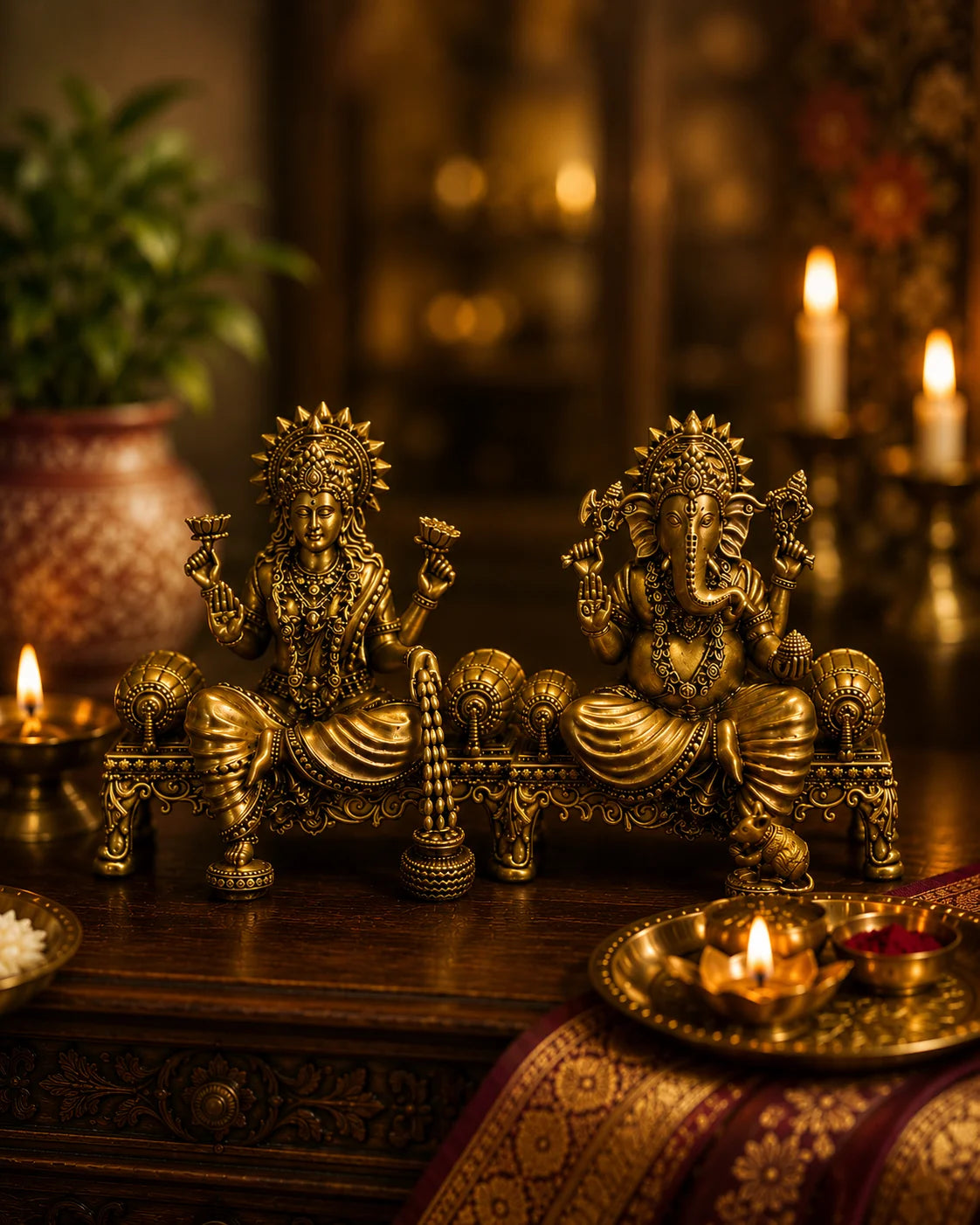 brass Laxmi Ganesh on sinhasan staging