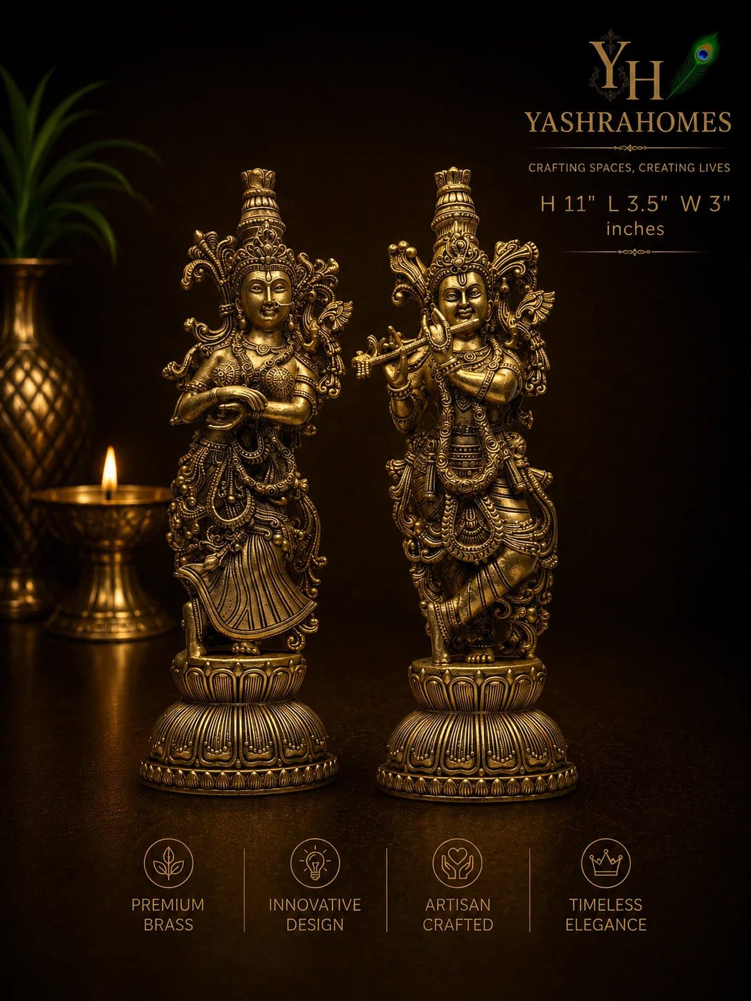 Grand Radha Krishna brass idol 11 inches
