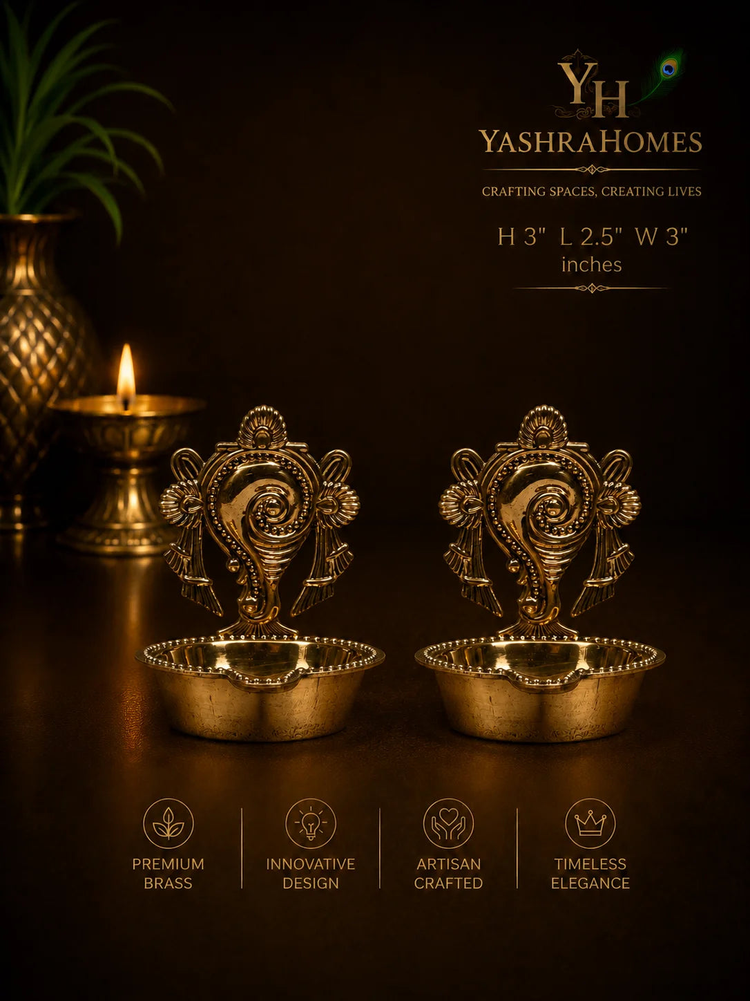 Shankh brass diya pair