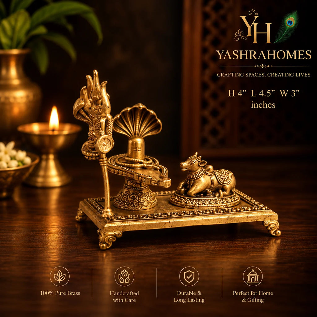 Handcrafted Brass Shivling with Nandi & Trishul 4 Inches 428Gm