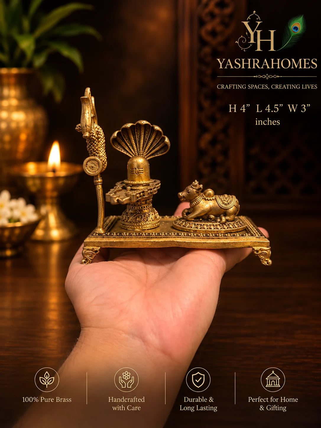 Handcrafted Brass Shivling with Nandi & Trishul 4 Inches 428Gm