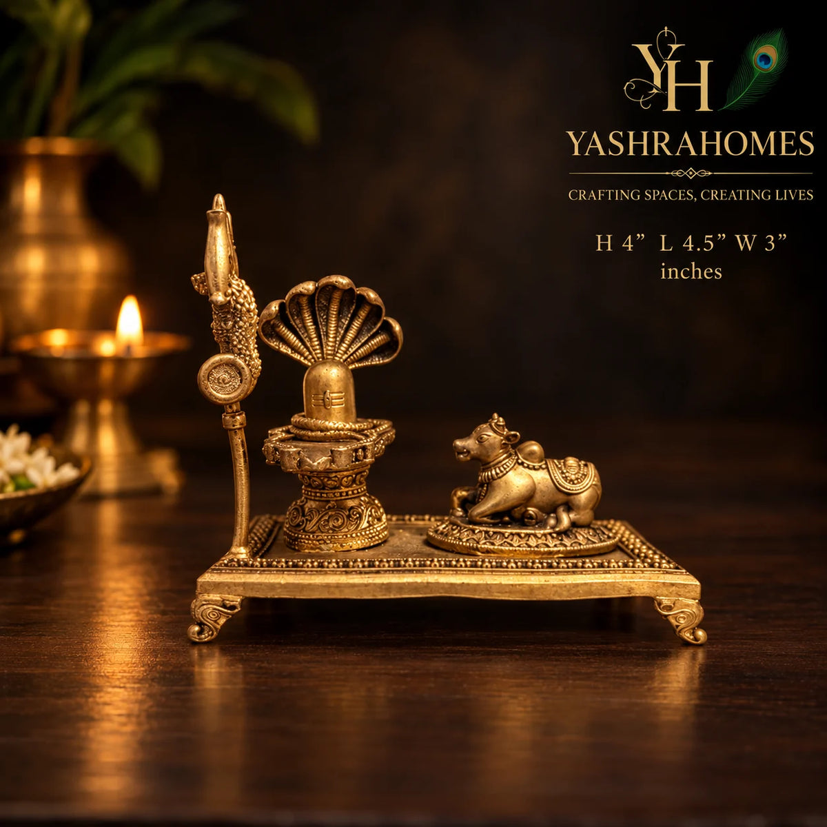 Handcrafted Brass Shivling with Nandi & Trishul 4 Inches 428Gm